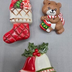Vintage Christmas Pins Bells Stocking Bear
